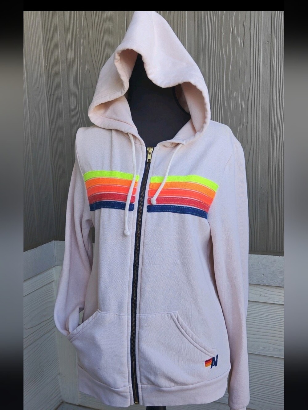 Aviator Nation Size S Cream 5 Stripe Zip-Up Hoodie Unisex